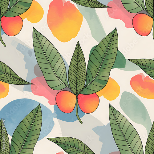 Watercolor Tropical Leaves with Abstract Fruit