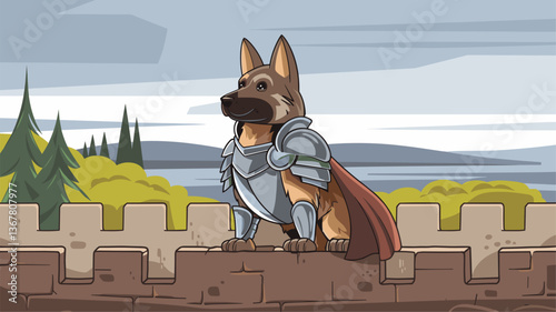 A whimsical illustration of a heroic German Shepherd dog in armor and a cape, standing proudly on a castle wall with a scenic backdrop.
