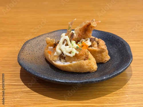 asian japanese sushi mentai cheese soft shel crab bean curd tofu skin rice wrap in plate on wood table asian dim sum halal food restaurant cuisine banquet menu for cafe