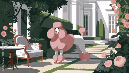 A charming illustration of a pink poodle in a luxurious garden setting, framed by blooming roses and classic furniture.