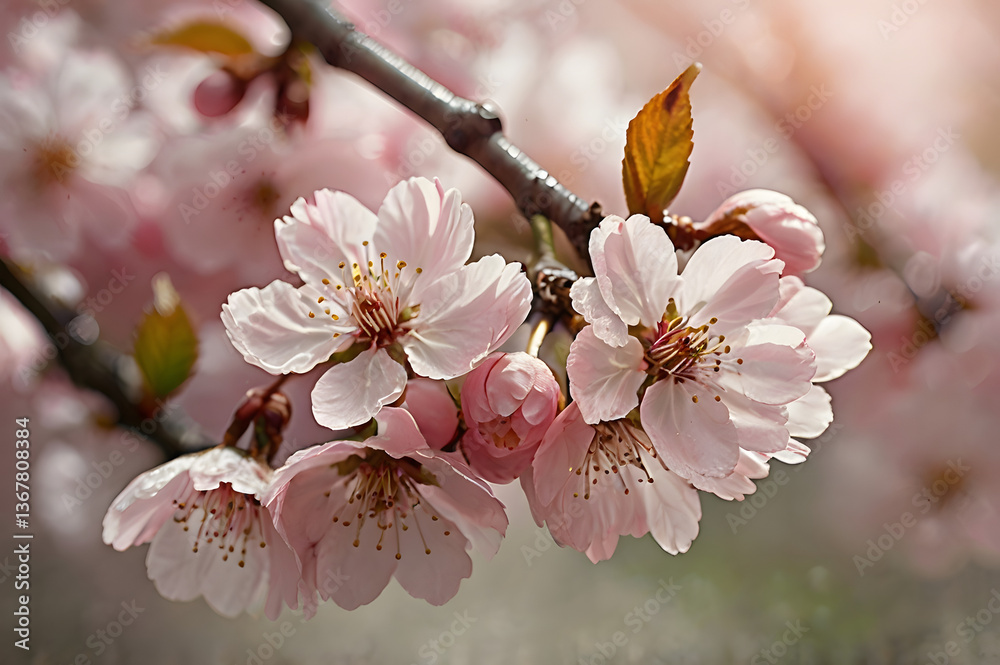 Obraz premium A beautiful cherry blossom branch with delicate pink petals and a dreamy soft-focus spring garden background. Perfect for nature, romance, and seasonal themes.