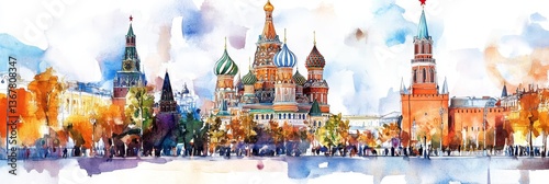 Watercolor Moscow Red Square Autumn Panorama - Scenic watercolor painting of Red Square, Moscow, showcasing iconic architecture, autumn foliage, and vibrant colors. Symbolizing history, culture