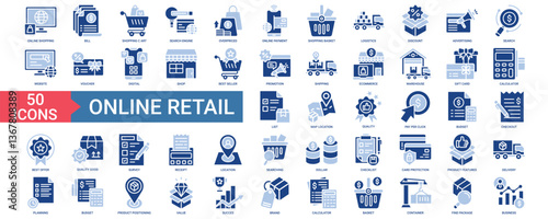 Online Retail icon collection set. Containing online shopping, bill, overpriced, logistics, discount, advertising, digital, shop, best seller,  shipping icon. Simple vector