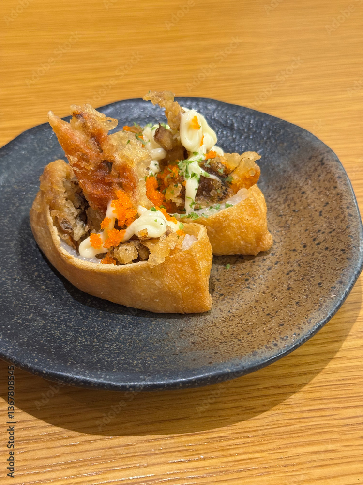 asian japanese sushi mentai cheese soft shel crab bean curd tofu skin rice wrap in plate on wood table asian dim sum halal food restaurant cuisine banquet menu for cafe