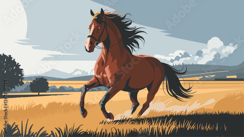A stunning illustration of a brown horse galloping across a golden field, framed by distant mountains and a scenic sky.