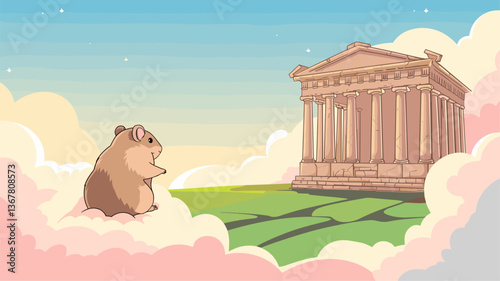 A whimsical illustration featuring a cute hamster gazing at a majestic ancient temple set in a colorful cloudscape, inspiring imagination.