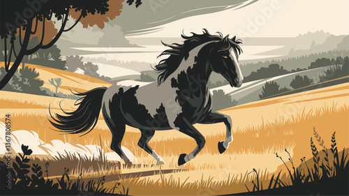Capture the spirit of freedom with this stunning illustration of a black and white horse galloping through golden fields, surrounded by a tranquil pastoral landscape.
