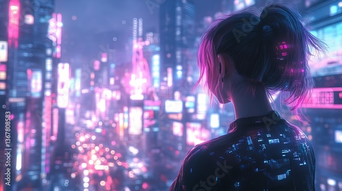 Cyberpunk girl in neon city lights futuristic cityscape digital art ai generated wallpaper background design