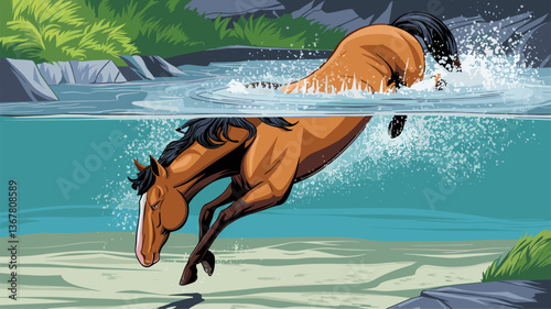 A stunning illustration of a horse splashing playfully in a serene, crystal clear river. Nature's beauty captured in vibrant colors.