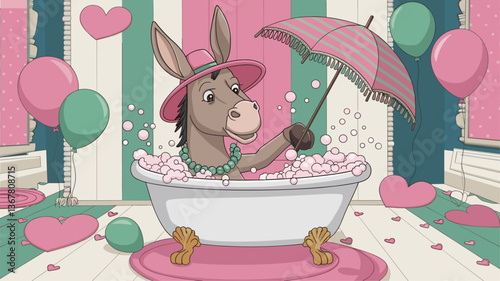 A playful illustration of a donkey relaxing in a bubble bath, wearing a stylish hat and holding an umbrella, surrounded by colorful balloons and hearts.