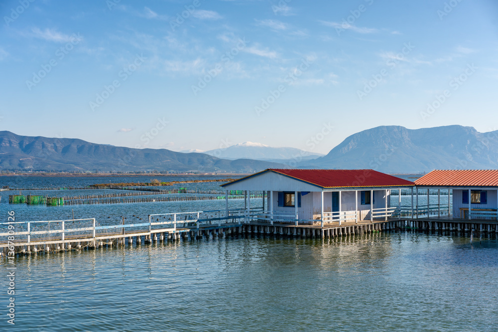 Traditional fishermen's houses built on the sea, Tourlida, Missolonghi Lagoon Traditional fishermen's houses built on the sea, Tourlida, Missolonghi Lagoon