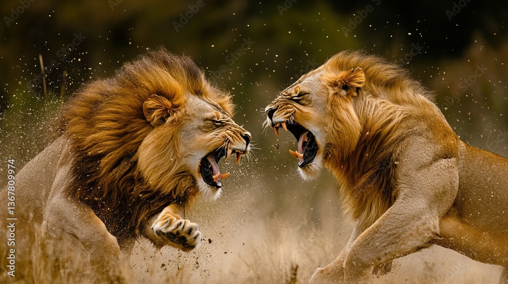 Obraz premium Two male lions fighting aggressively wildlife photography showcasing animal behavior and dominance in nature