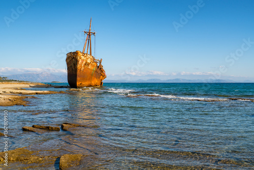 Dimitrios boat shipwreck on a sandy beach near Gythio, Peloponnese