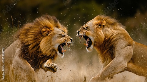 Two male lions fighting aggressively wildlife photography showcasing animal behavior and dominance in nature
