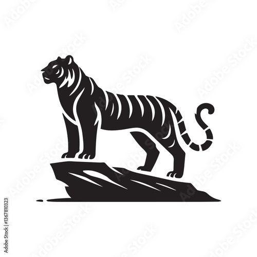 Bengal Tiger Animal Standing On A Rock  Vector Illustration Silhouette
