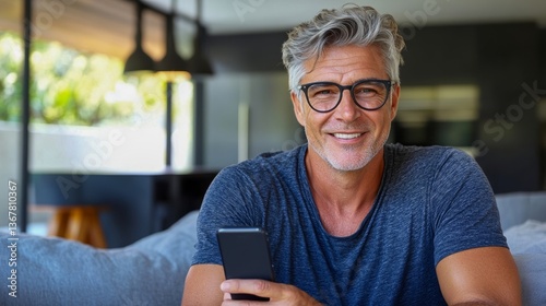 Smiling man holds smartphone in modern living room, enjoying leisurely moments and communication