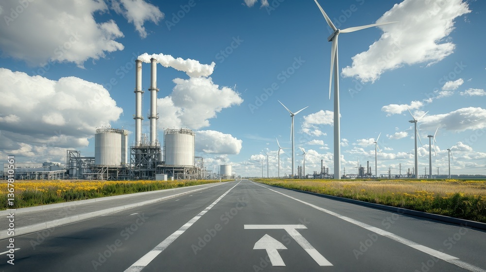 Aerial view of a wind turbine farm along a countryside road surrounded by open fields and cloudy blue sky representing sustainable energy production and environmental conservation Aerial view of a wind turbine farm along a countryside road surrounded by open fields and cloudy blue sky representing sustainable energy production and environmental conservation