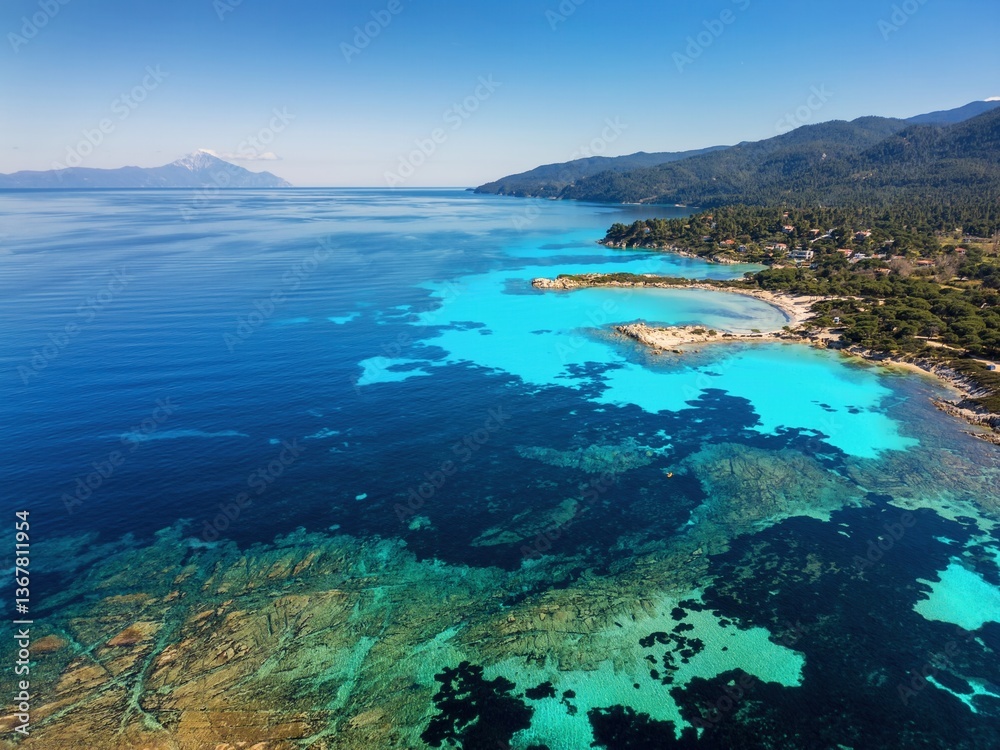 Karydi beach with turquoise water, drone aerial view, Sithonia, Chalkidiki Karydi beach with turquoise water, drone aerial view, Sithonia, Chalkidiki