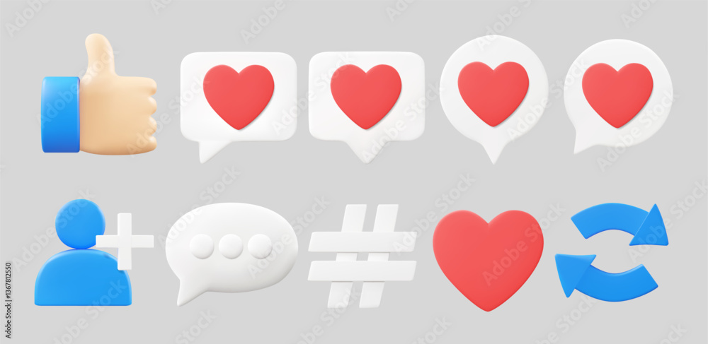 3D illustration vector render set of icons like, heart, profile add friend, message bubble, hashtag, and share post in front view. Social media communication and interaction concept. Isolated on grey.