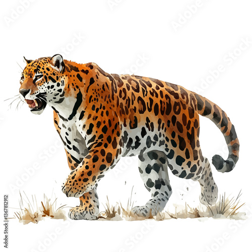 A watercolor painting of a jaguar, isolated on a white background. Jaguar vector.

