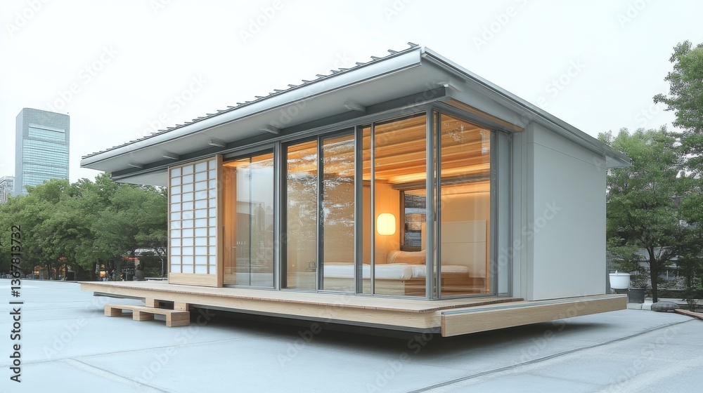 Fototapeta premium Modern Minimalist Prefab House with Japanese Design Elements