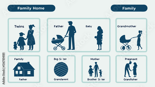 Family best solid icon set collection. Twins, mother, custody, grandmother, family, big sister, adopt, father, baby, caring, children and vector illustration.