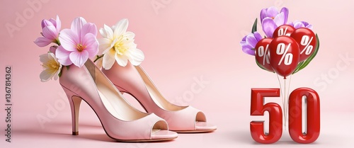 Spring Sale with Pink High Heels and Floral Decor – Perfect for Fashion Store Discounts, Women’s Day Campaigns, and Seasonal Marketing Designs