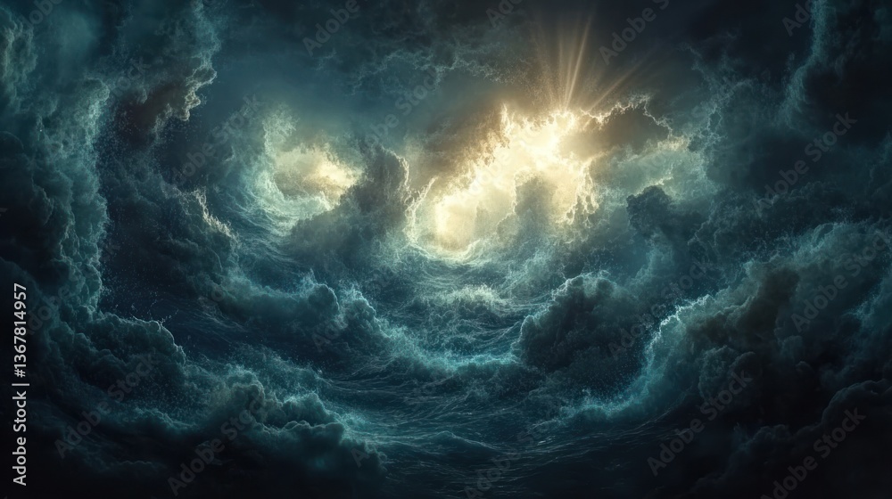 Fototapeta premium Dramatic, swirling clouds with a radiant burst of sunlight breaking through.