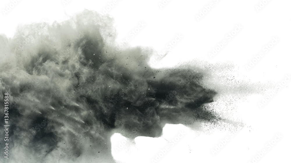 Naklejka premium Dynamic Cloud of Dark Smoke: A swirling, textured cloud of dark smoke billowing outwards against an uncluttered space, creating a visual representation of chaos and potential environmental concern.