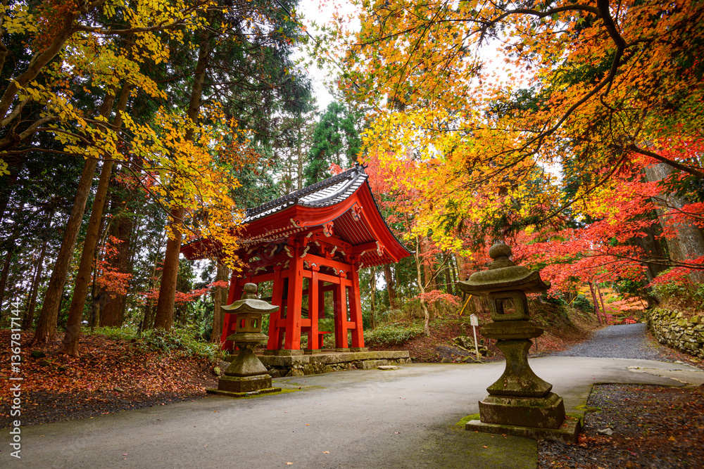 Traditional Shoro (bell tower) surrounded by vivid autumn foliage on Mount Hiei, near the historic Enryaku-ji Temple, Ohara, Kyoto, Honshu Traditional Shoro (bell tower) surrounded by vivid autumn foliage on Mount Hiei, near the historic Enryaku-ji Temple, Ohara, Kyoto, Honshu