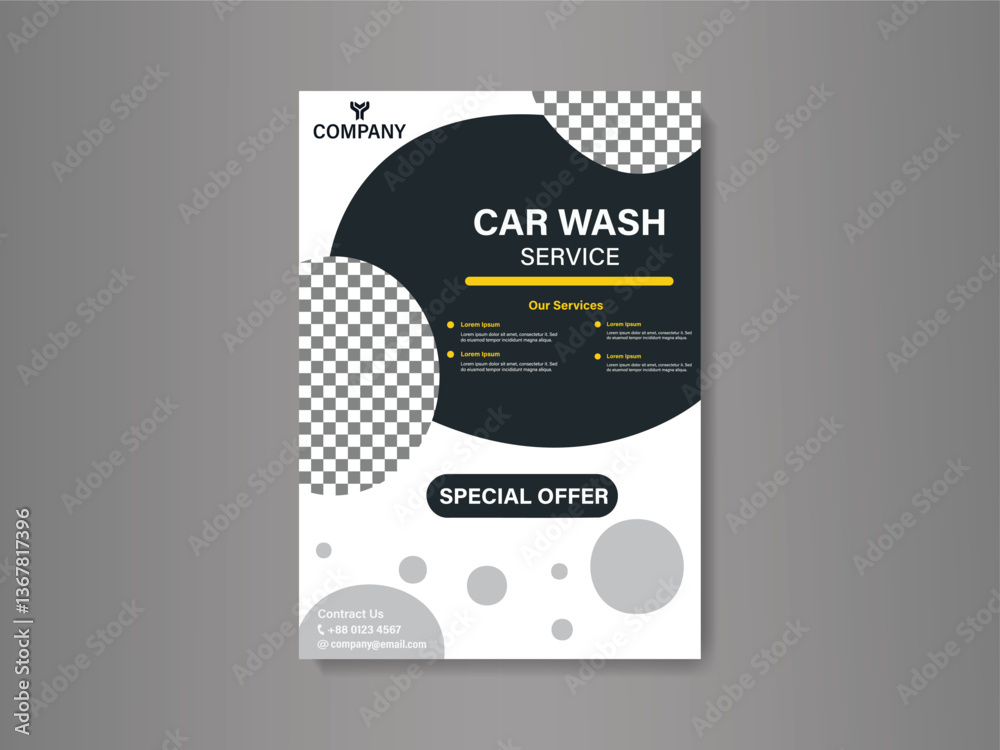 Fototapeta premium Modern Circular Car Wash Service Flyer Design with Dark Gray, Yellow, and White Accents