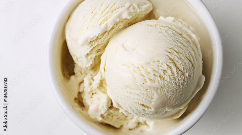 Vanilla ice cream balls in a white bowl on a white background. Vanilla ice cream balls in a white bowl on a white background.