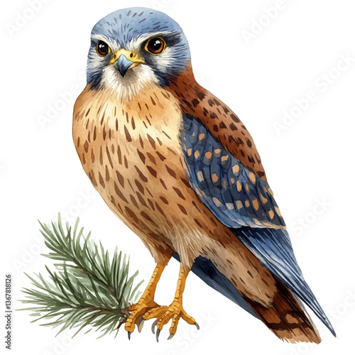 A watercolor painting of a kestrel, isolated on a white background. Kestrel vector.


