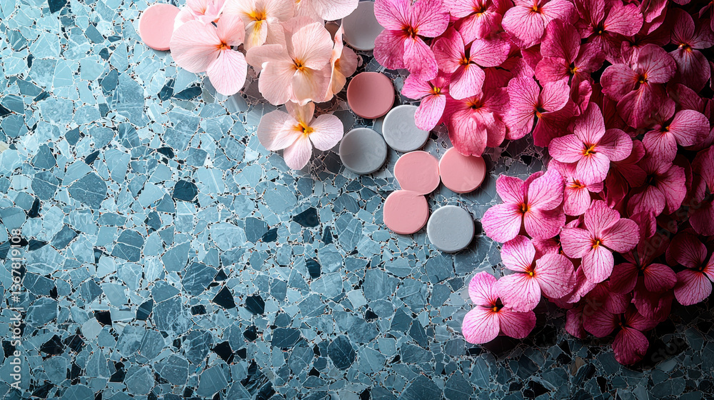 Fototapeta premium beautiful arrangement of pink and light pink flowers alongside circular pastel colored objects textured terrazzo background creates serene and artistic composition. vibrant colors and delicate