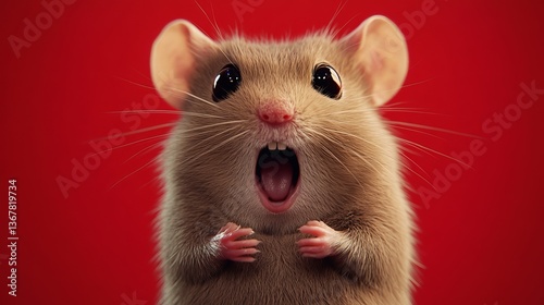 Close up of a cute mouse rodent with big eyes and open mouth on red background pet animal wildlife photography
