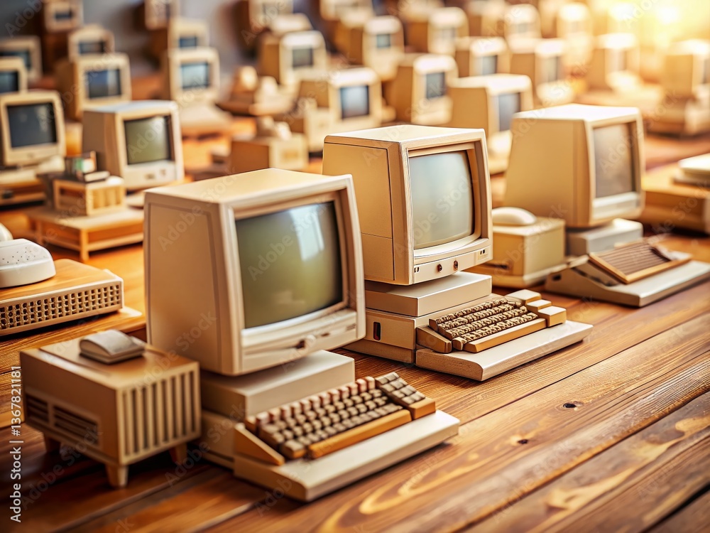 Fototapeta premium Miniature Vintage Apple Computers, Retro Tech, Tilt-Shift Photography