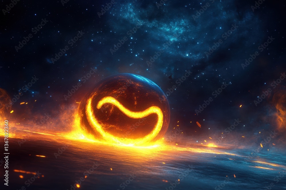 Fiery planet with glowing markings surrounded by cosmic elements in the dark universe Fiery planet with glowing markings surrounded by cosmic elements in the dark universe