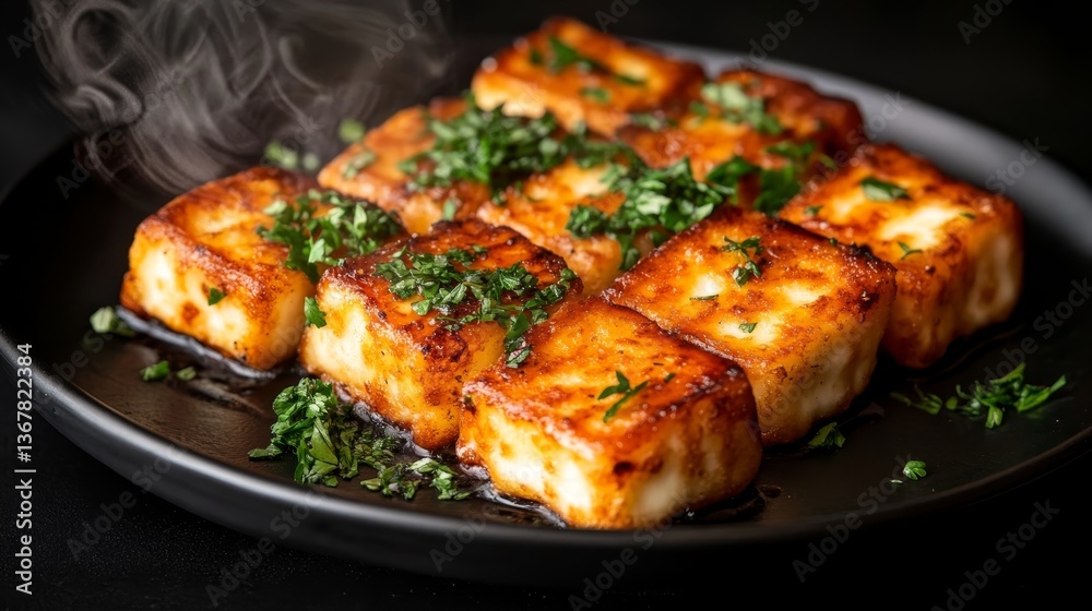 Close-up of grilled halloumi cheese with crispy edges on a dark plate, accompanied by fresh herbs and steam adding a touch of warmth to the moody setting Close-up of grilled halloumi cheese with crispy edges on a dark plate, accompanied by fresh herbs and steam adding a touch of warmth to the moody setting