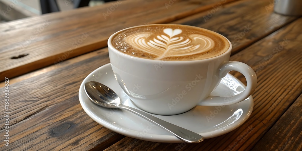 Obraz premium Aromatic Latte Art Coffee on Rustic Wooden Table in Cozy Cafe Setting