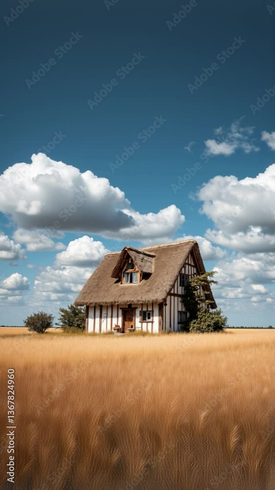 Traditional Thatched Roof House Surrounded by Open Fields and Blue Sky with Fluffy Clouds on a Sunny Day in a Rural Landscape Traditional Thatched Roof House Surrounded by Open Fields and Blue Sky with Fluffy Clouds on a Sunny Day in a Rural Landscape