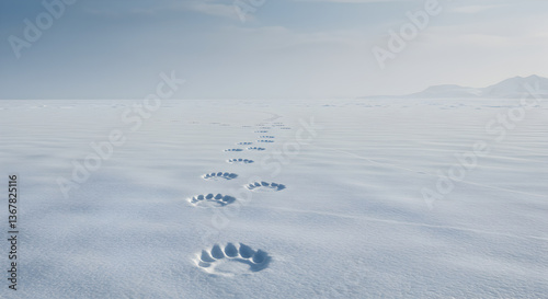 Polar bear tracks stretching across a frozen tundra landscape under a pale sky