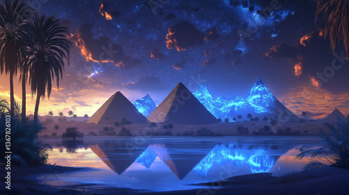 The pyramids and palm trees in the foreground, slot game background, Illustration