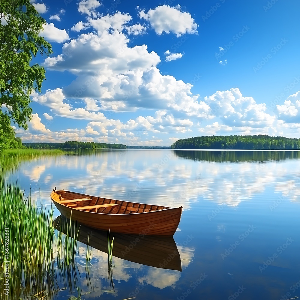 Serene Summer Lake Scene with Wooden Rowboat. A tranquil image of a wooden boat gently resting on a calm lake under a vibrant blue sky. Serene Summer Lake Scene with Wooden Rowboat. A tranquil image of a wooden boat gently resting on a calm lake under a vibrant blue sky.