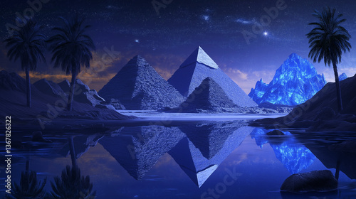 The pyramids and palm trees in the foreground, slot game background, Illustration