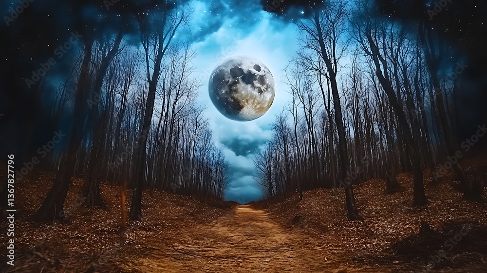 Naklejka premium Discovering the mysteries of a dark forest beneath a star-studded night sky