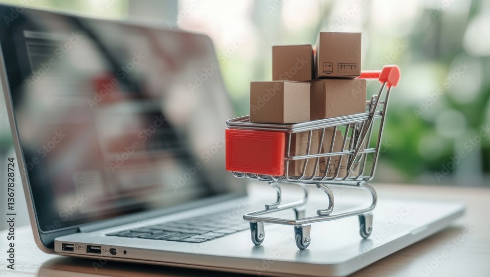 miniature shopping cart with small cardboard boxes placed on laptop keyboard representing online shopping and e commerce miniature shopping cart with small cardboard boxes placed on laptop keyboard representing online shopping and e commerce