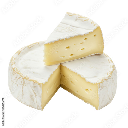 A wheel of brie cheese with a wedge cut out and another wedge placed isolated on a transparent background