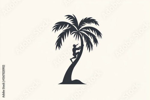 Minimalist Black and White Logo Coconut Harvester Climbing Palm Tree
