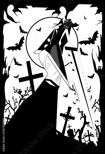 Pyramid head with saw horror games black and white on the graveyard illustration 