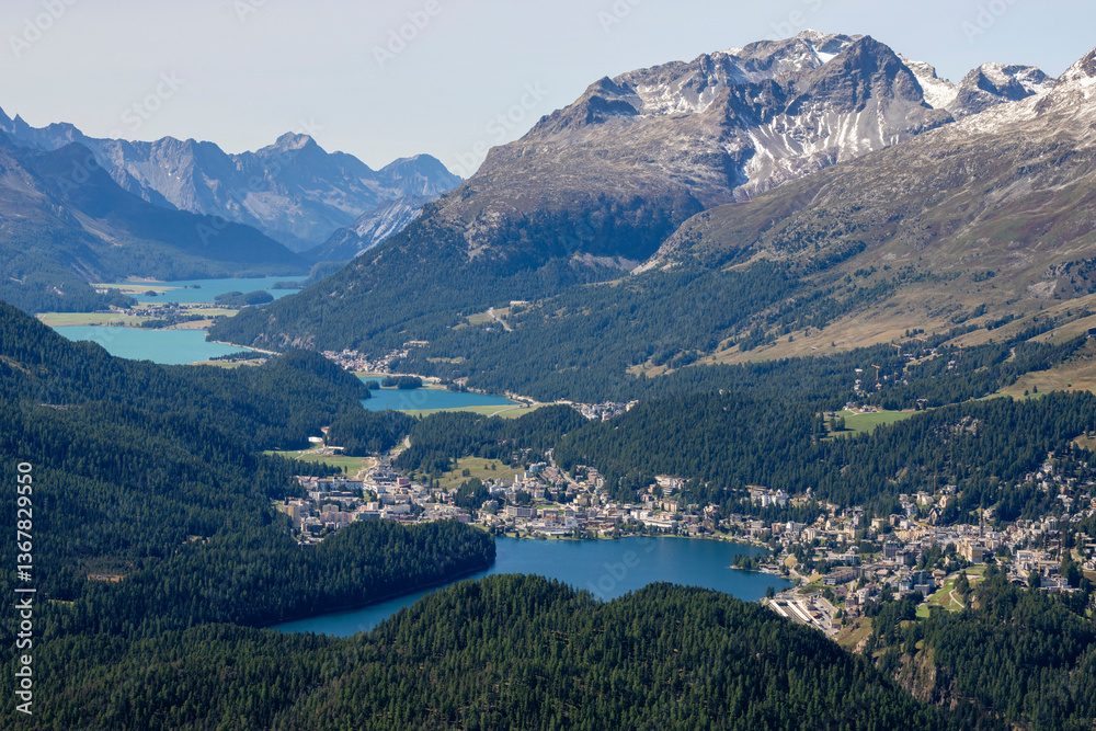 View of St. Moritz and the Engadin lakes from top of Muottas Muragl, Canton of Grisons, Switzerland View of St. Moritz and the Engadin lakes from top of Muottas Muragl, Canton of Grisons, Switzerland